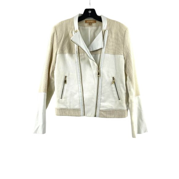 Ellen Tracy Off White Asymmetrical Zip Faux Leather Tweed Crop Jacket Size Med - Picture 1 of 16